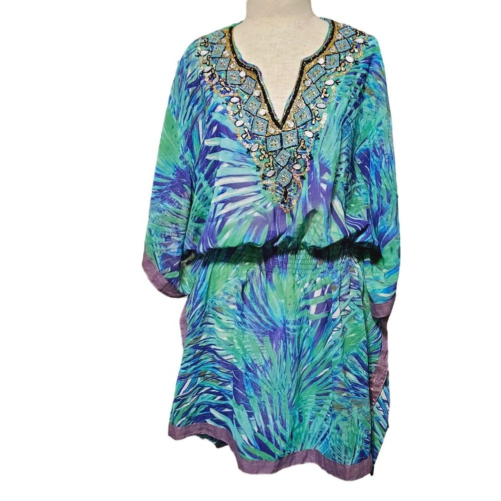 Flint and Moss Beaded Beach Cover up size Medium‎ tunic sheer green